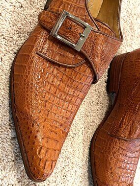 Men’s Crocodile Skin Monk Strap Dress Shoes – Brown Exotic Leather – New Size 10